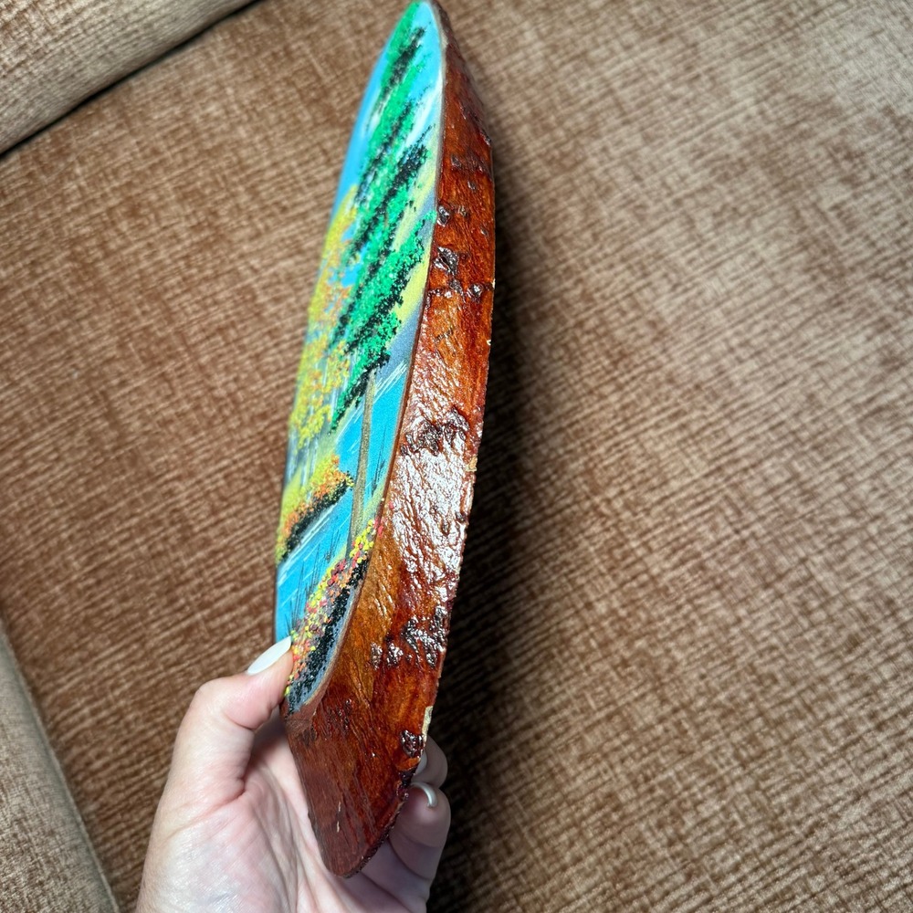 Vintage Hand Painted Live Edge Wood Slab Autumn Forest Lake Landscape Pebble Art - Picture 3 of 12